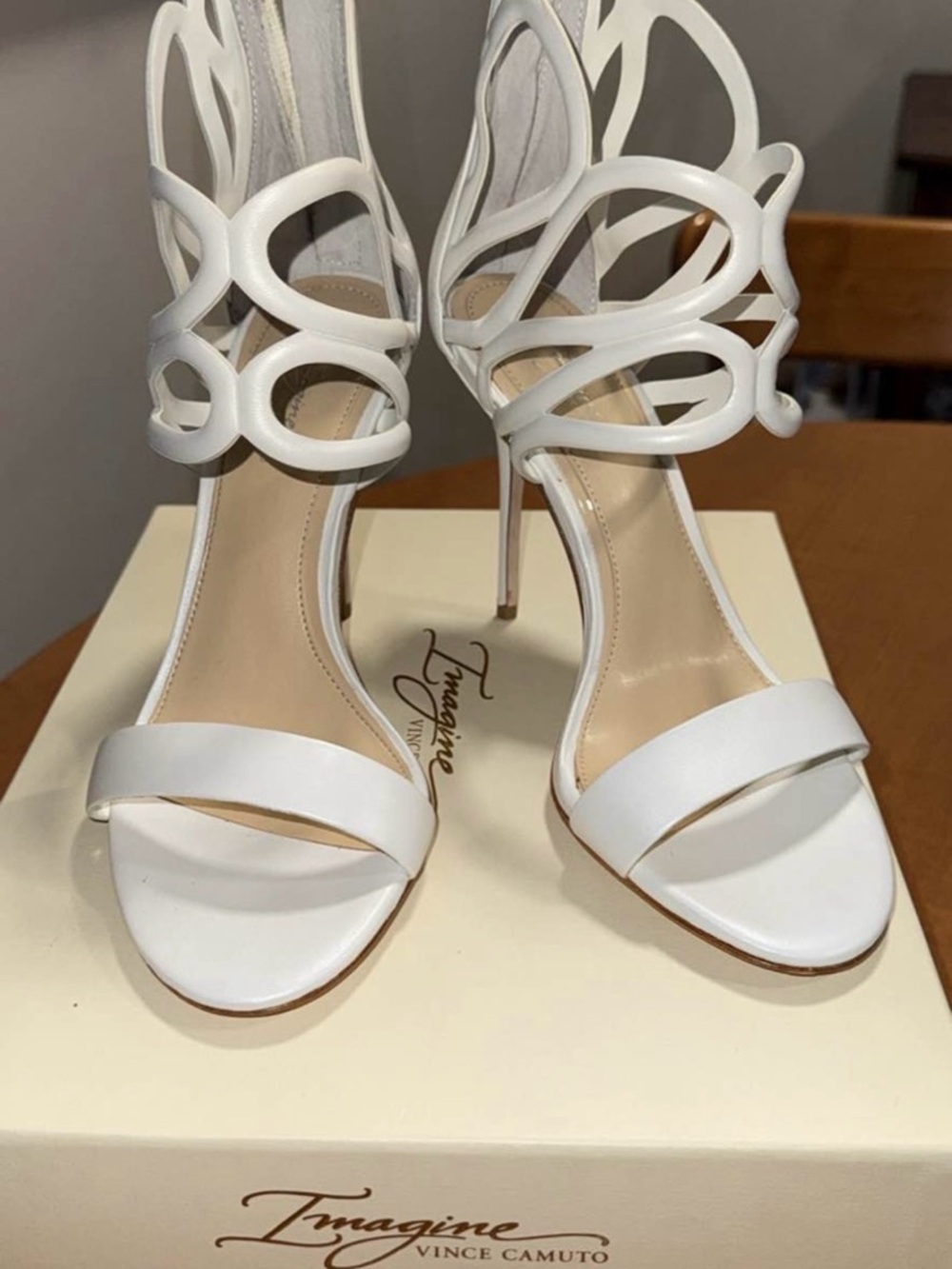 Imagine Vince Camuto White Cutout Ankle Strap Stiletto Sandals